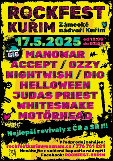 Žlutý plakát s kapelami pro Rockfest v Kuřimi 2025