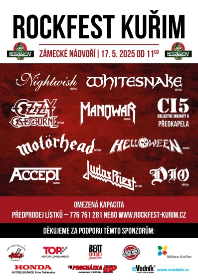 Červený plakát s kapelami a sponzory pro Rockfest v Kuřimi 2025